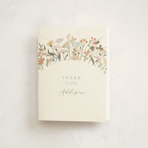 This is a vanilla baby shower thank you cards with foil pressed by Jennifer Wick called meadow flowers printing on strathmore in standard