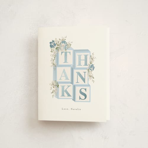 This is a baby blue baby shower thank you cards with foil pressed by Itsy Belle Studio called botanical blocks printing on strathmore in standard