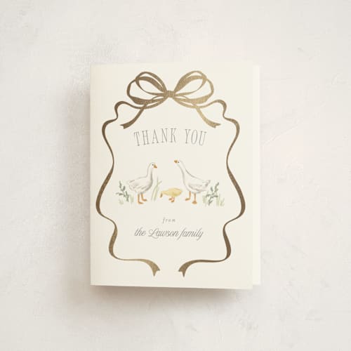 This is a mint baby shower thank you cards with foil pressed by Everett Paper Goods called storybook geese printing on strathmore in standard