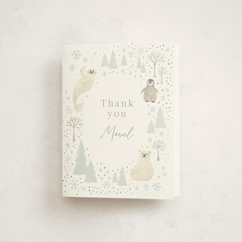 This is a seafoam baby shower thank you cards with foil pressed by Jennifer Wick called arctic friends printing on strathmore in standard