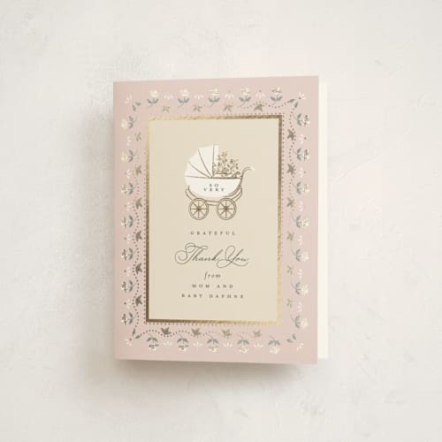 This is a antique blush baby shower thank you cards with foil pressed by Ana de Sousa called petal & pram printing on strathmore in standard