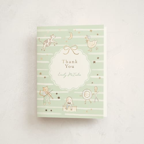 This is a mint baby shower thank you cards with foil pressed by Jennifer Wick called nursery rhyme printing on strathmore in standard