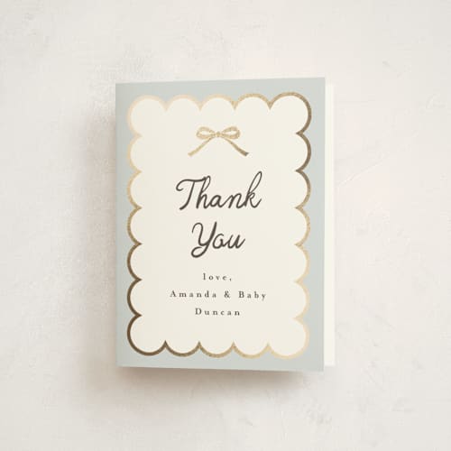 This is a sky baby shower thank you cards with foil pressed by Maria Alou called scallop & little bow printing on strathmore in standard