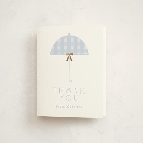 This is a sky baby shower thank you cards with foil pressed by Angela Thompson called plaid brolly printing on strathmore in standard