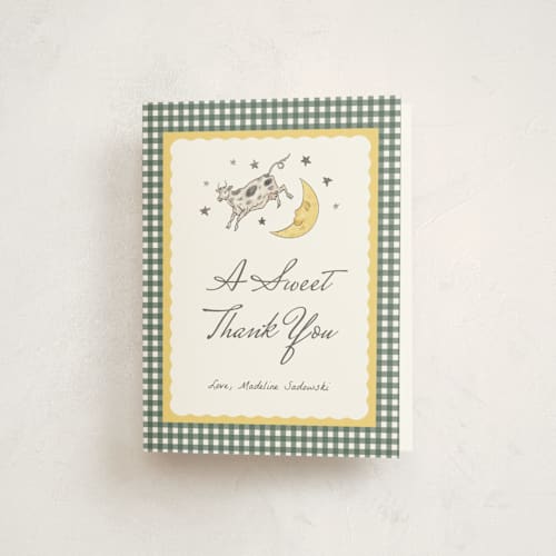 This is a dandelion baby shower thank you cards with foil pressed by Heather Schertzer called over the moon printing on strathmore in standard