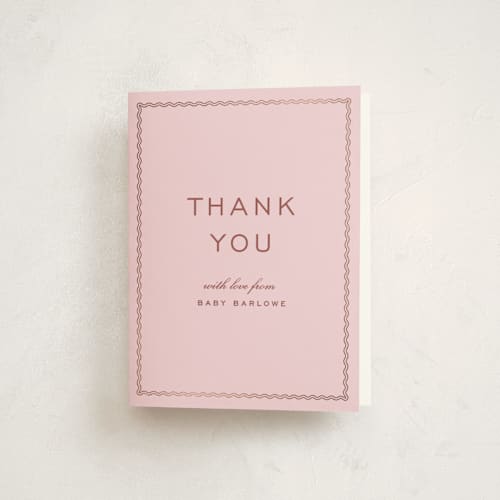 This is a bubblegum baby shower thank you cards with foil pressed by Ellen Schlegelmilch called ripple border printing on strathmore in standard