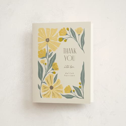 This is a buttercup baby shower thank you cards with foil pressed by Karidy Walker called storybook garden printing on strathmore in standard