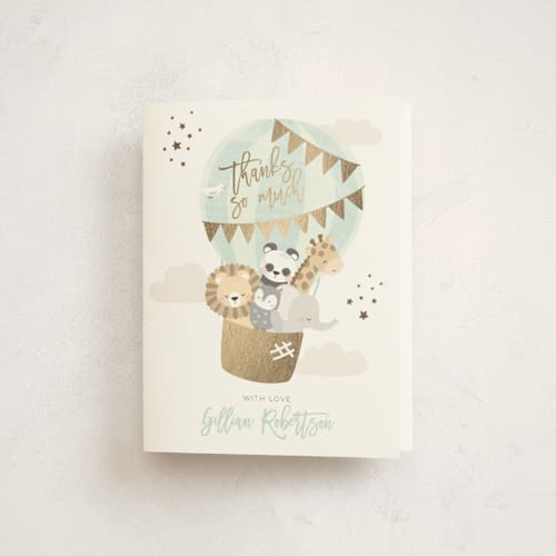 This is a seafoam baby shower thank you cards with foil pressed by peetie design called baby balloon ride printing on strathmore in standard