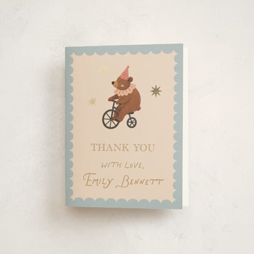 This is a mustard baby shower thank you cards with foil pressed by Rina Ozum called little circus printing on strathmore in standard