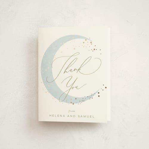 This is a mist baby shower thank you cards with foil pressed by Everett Paper Goods called simple moon printing on strathmore in standard