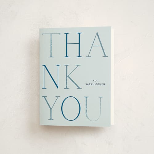 This is a azure baby shower thank you cards with foil pressed by Annie Shapiro called boy oh boy! printing on strathmore in standard