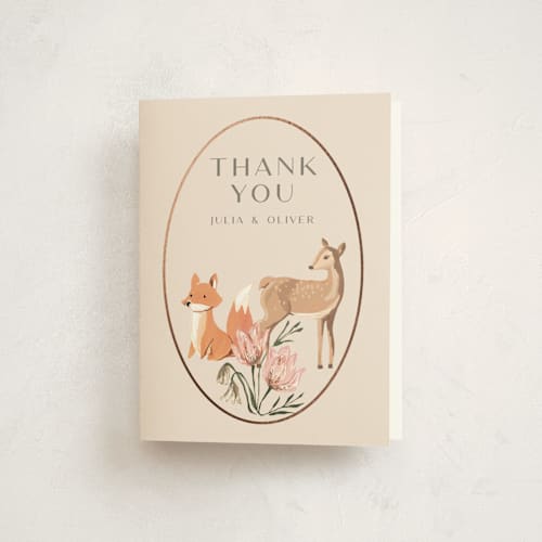 This is a sunshine baby shower thank you cards with foil pressed by Teju Reval called woodland dreams printing on strathmore in standard