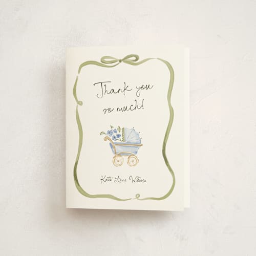 This is a powderblue baby shower thank you cards with standard by Pati Cascino called bowls and buds printing on strathmore in standard