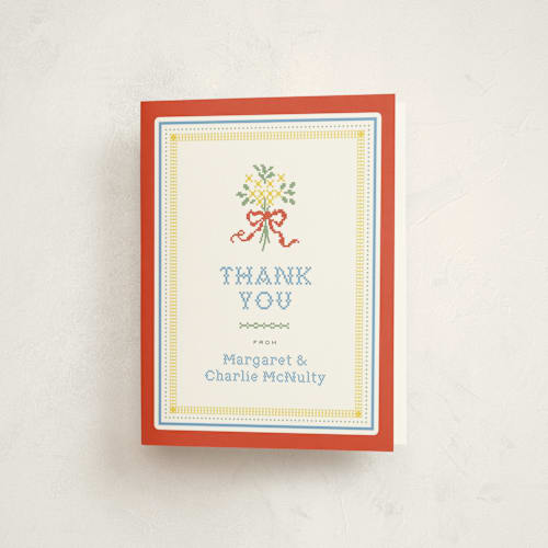 This is a rainbow baby shower thank you cards with standard by Erin L. Wilson called cross-stitched sampler printing on strathmore in standard