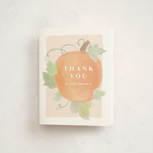 This is a blush baby shower thank you cards with standard by Creo Study called lil pumpkin printing on strathmore in standard