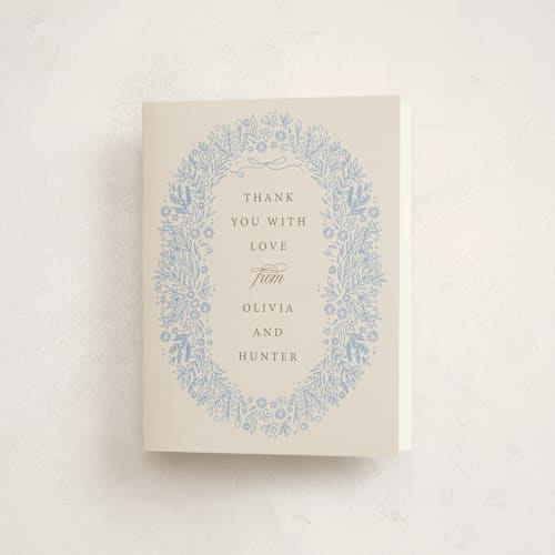 This is a bluebell baby shower thank you cards with standard by Hannah Williams called blooming foil oval printing on strathmore in standard