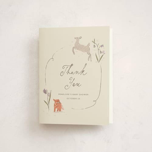 This is a linen baby shower thank you cards with standard by Vera Lim called woodland magic printing on strathmore in standard