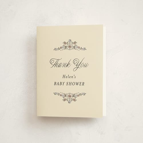 This is a ivory baby shower thank you cards with standard by Becky Nimoy called garden brick gate printing on strathmore in standard