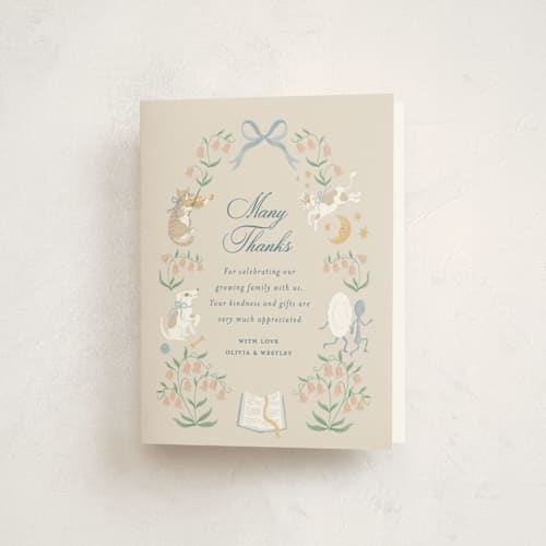 This is a forget-me-not baby shower thank you cards with standard by Jamie Alexander called hey, diddle diddle printing on strathmore in standard