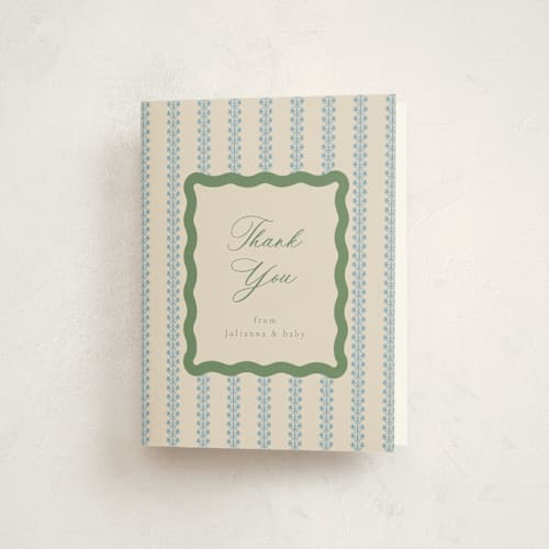 This is a forest baby shower thank you cards with standard by Jen Owens called wavy stripe printing on strathmore in standard