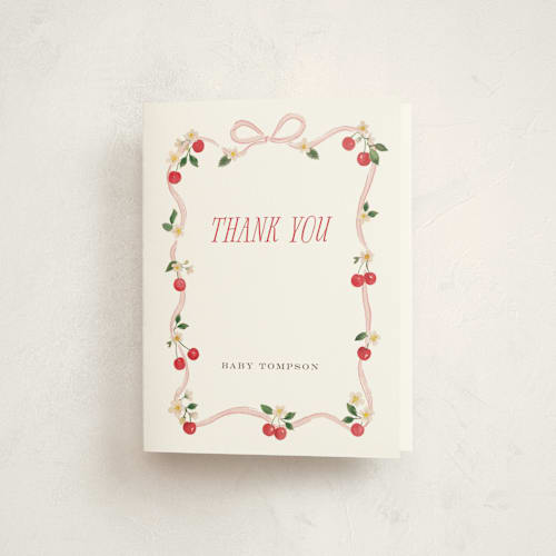 This is a blush baby shower thank you cards with standard by Itsy Belle Studio called cherry sweet printing on strathmore in standard