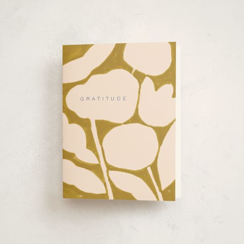 This is a mustard baby shower thank you cards with standard by Sierra Lee called flora printing on strathmore in standard