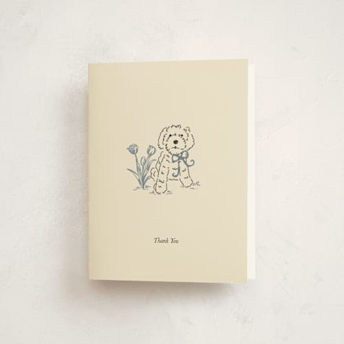 This is a denim baby shower thank you cards with standard by Noun New York called cottage core dog with watering can of flowers printing on strathmore in standard
