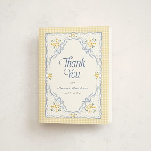 This is a sunshine baby shower thank you cards with standard by Erin L. Wilson called baby eyelet printing on strathmore in standard