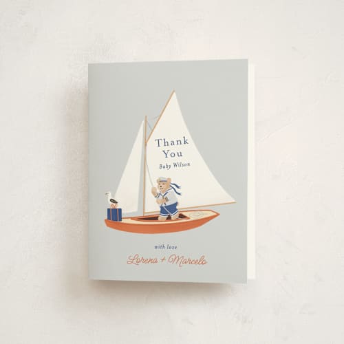 This is a sky baby shower thank you cards with standard by Becky Nimoy called sailor bear printing on strathmore in standard