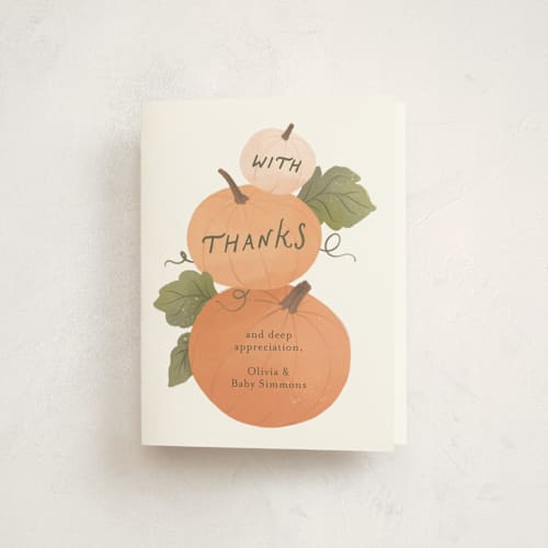 This is a pumpkin baby shower thank you cards with standard by Paper Raven Co. called pumpkin patch printing on strathmore in standard