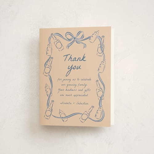 This is a periwinkle baby shower thank you cards with standard by Jamie Alexander called bottles and brews printing on strathmore in standard