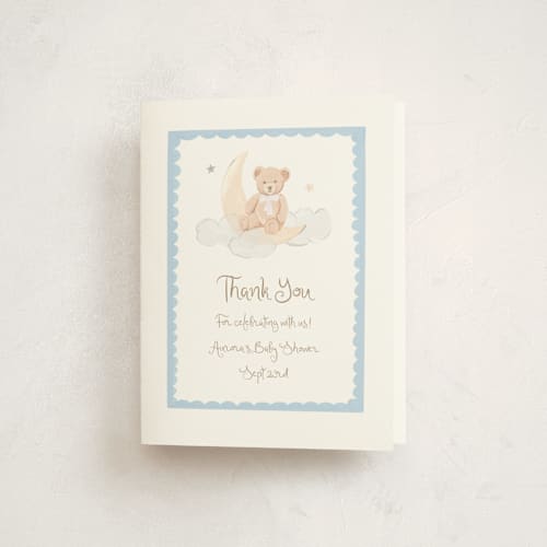 This is a sky baby shower thank you cards with standard by Teju Reval called dreamy bear printing on strathmore in standard