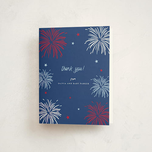 This is a navy baby shower thank you cards with standard by Ilene Guy called americana printing on strathmore in standard