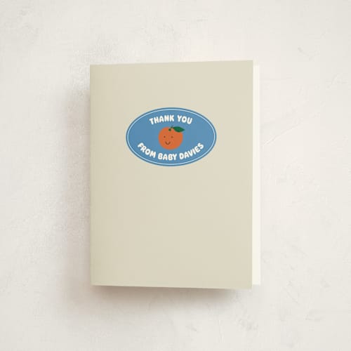 This is a aqua baby shower thank you cards with standard by Studio Suku called little cutie sticker printing on strathmore in standard