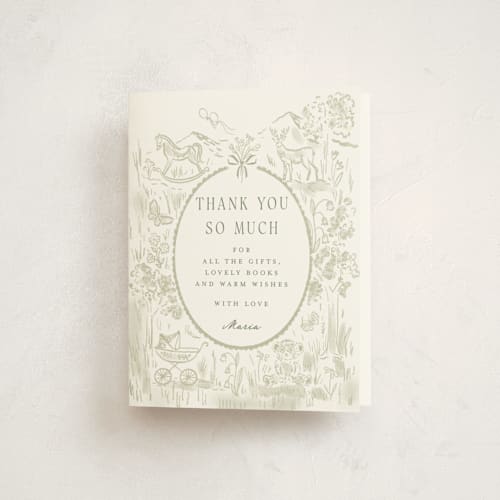 This is a sage baby shower thank you cards with standard by Petra Kern called adventure printing on strathmore in standard