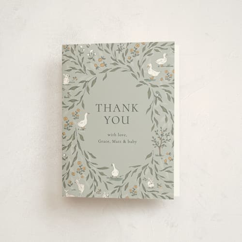 This is a mint baby shower thank you cards with standard by Melissa Johnson called meadow friends printing on strathmore in standard