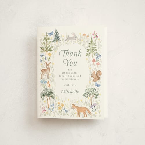 This is a meadow baby shower thank you cards with standard by Petra Kern called woodland welcome printing on strathmore in standard