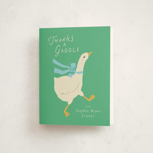 This is a sage baby shower thank you cards with standard by Lori Wemple called goose printing on strathmore in standard