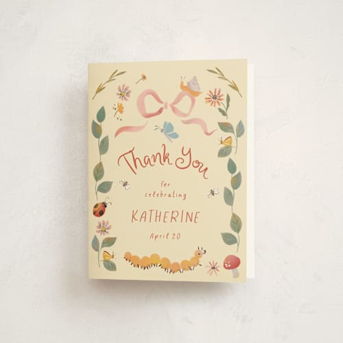 This is a ivory baby shower thank you cards with standard by Becky Nimoy called insect garden printing on strathmore in standard