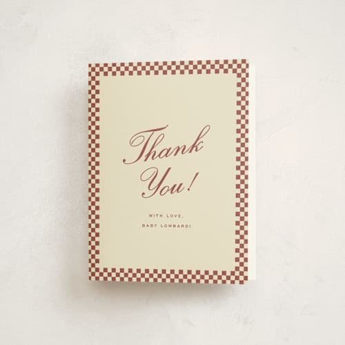This is a burgundy baby shower thank you cards with standard by Ellen Schlegelmilch called ciao, baby! printing on strathmore in standard
