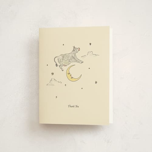 This is a ivory baby shower thank you cards with standard by Noun New York called the cow jumped over the moon printing on strathmore in standard
