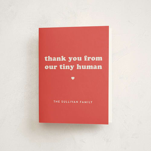 This is a fire engine baby shower thank you cards with standard by Corinne Malesic called tiny human printing on strathmore in standard