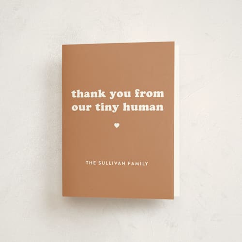 This is a cinnamon baby shower thank you cards with standard by Corinne Malesic called tiny human printing on strathmore in standard