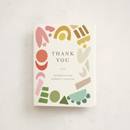 This is a rainbow baby shower thank you cards with standard by Morgan Kendall called rainbow shapes printing on strathmore in standard