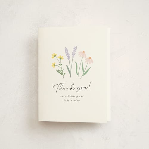 This is a pastel baby shower thank you cards with standard by Itsy Belle Studio called she's a wildflower printing on strathmore in standard