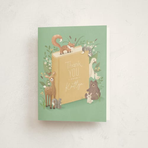 This is a mint baby shower thank you cards with standard by Jennifer Wick called storybook printing on strathmore in standard