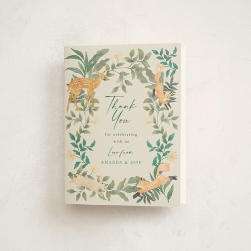 This is a cream baby shower thank you cards with standard by Elly called wild forest printing on strathmore in standard