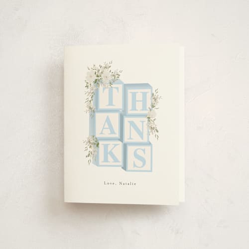This is a baby blue baby shower thank you cards with standard by Itsy Belle Studio called botanical blocks printing on strathmore in standard