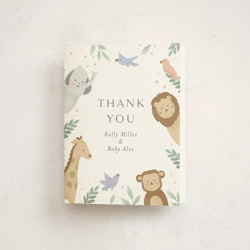 This is a mint baby shower thank you cards with standard by Christy Hy Lee called jungle animals printing on strathmore in standard
