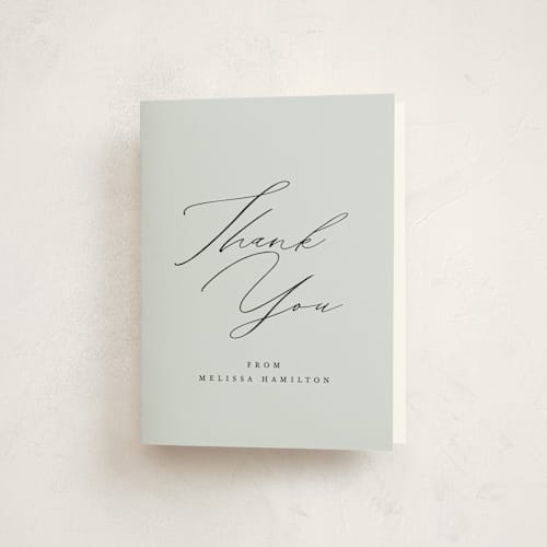 This is a dusty blue baby shower thank you cards with standard by Amy Payne called simply elegant printing on strathmore in standard